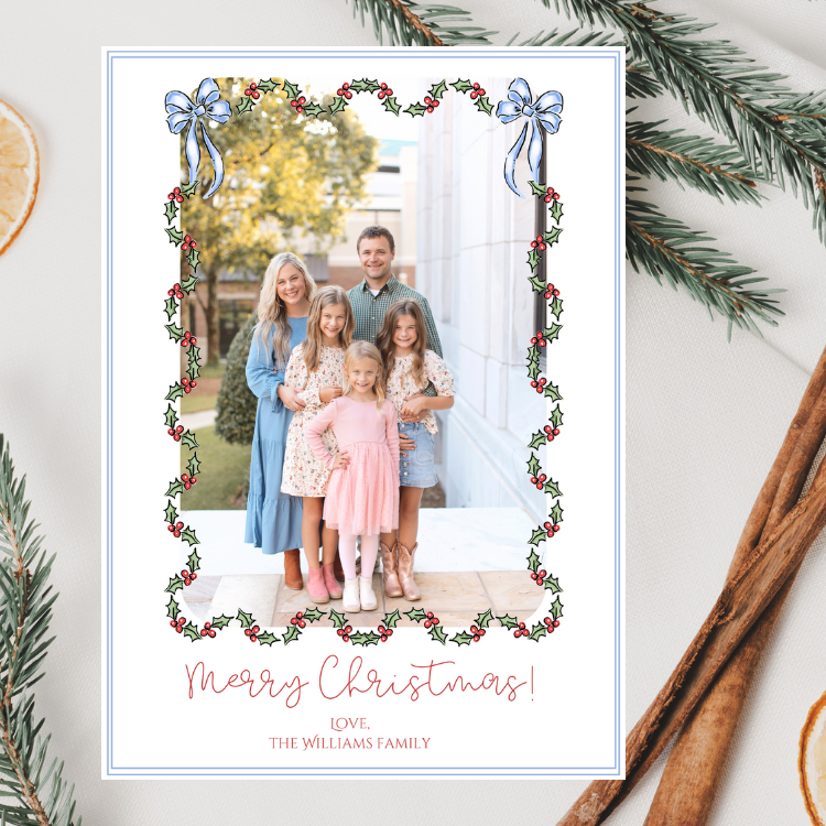 Whimsy Blue Bows & Berries Christmas Card