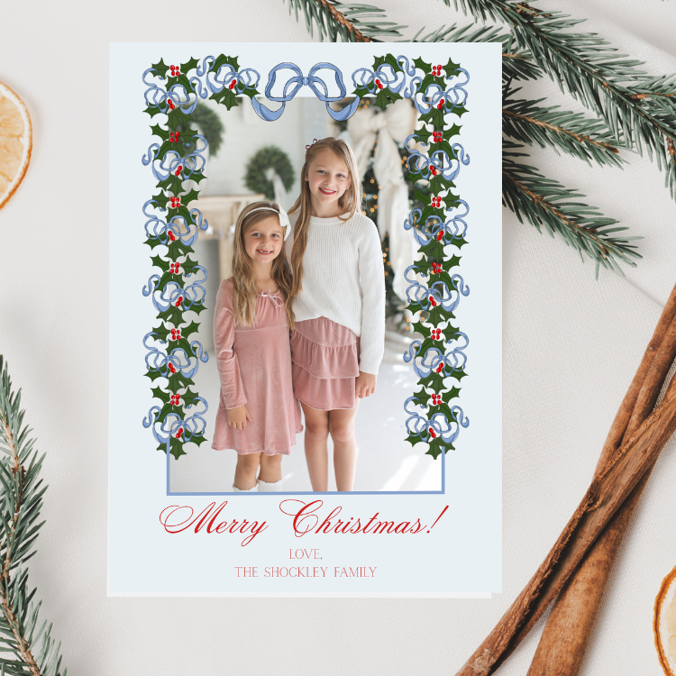 Blue Bow & Berries Christmas Card